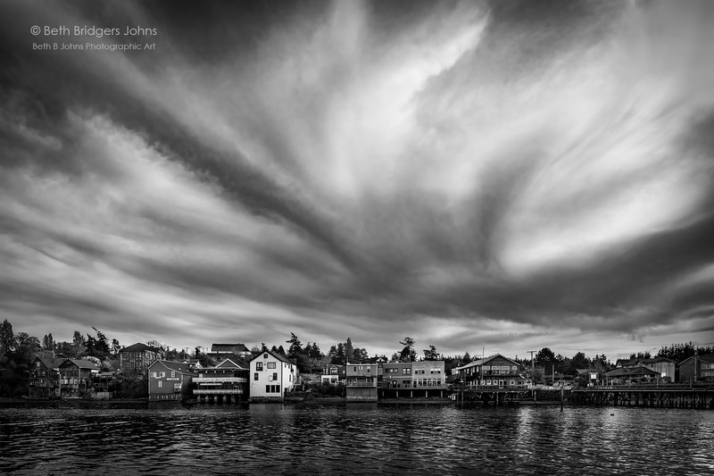 Coupeville, Clouds, Penn Cove, Whidbey Island, Beth B Johns Photographic Art, black and white photography